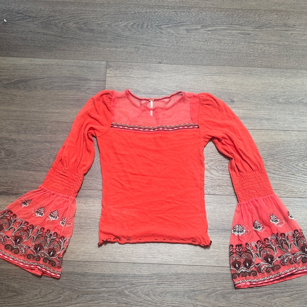 Free People Coral Red Bell-Sleeve Embroidered Tunic size medium